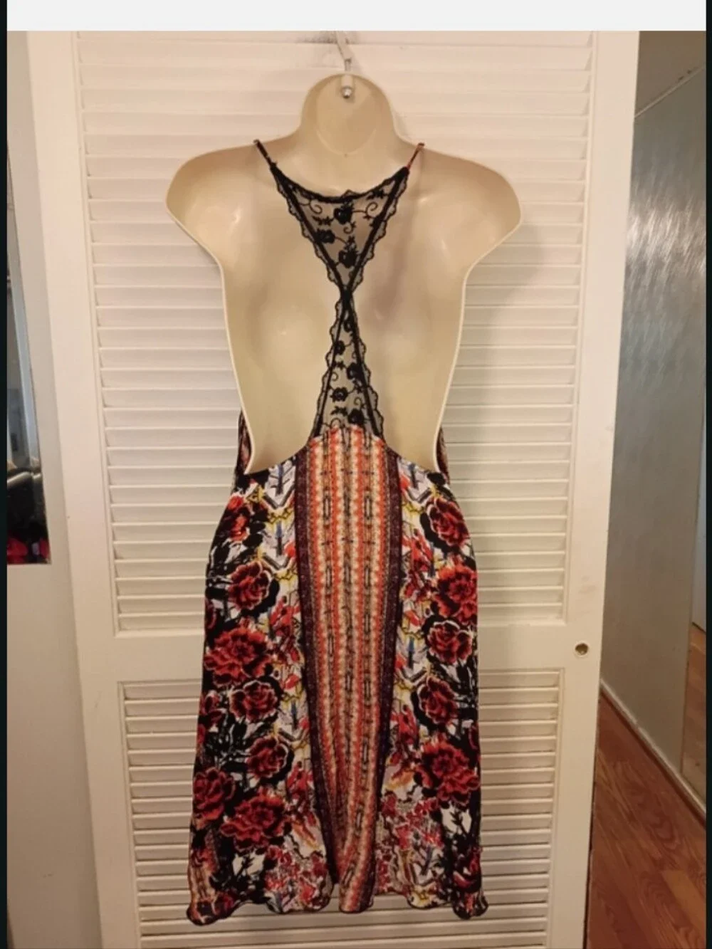Free People Red Multi Floral Paisley Slip Dress with Black Lace Song Bird